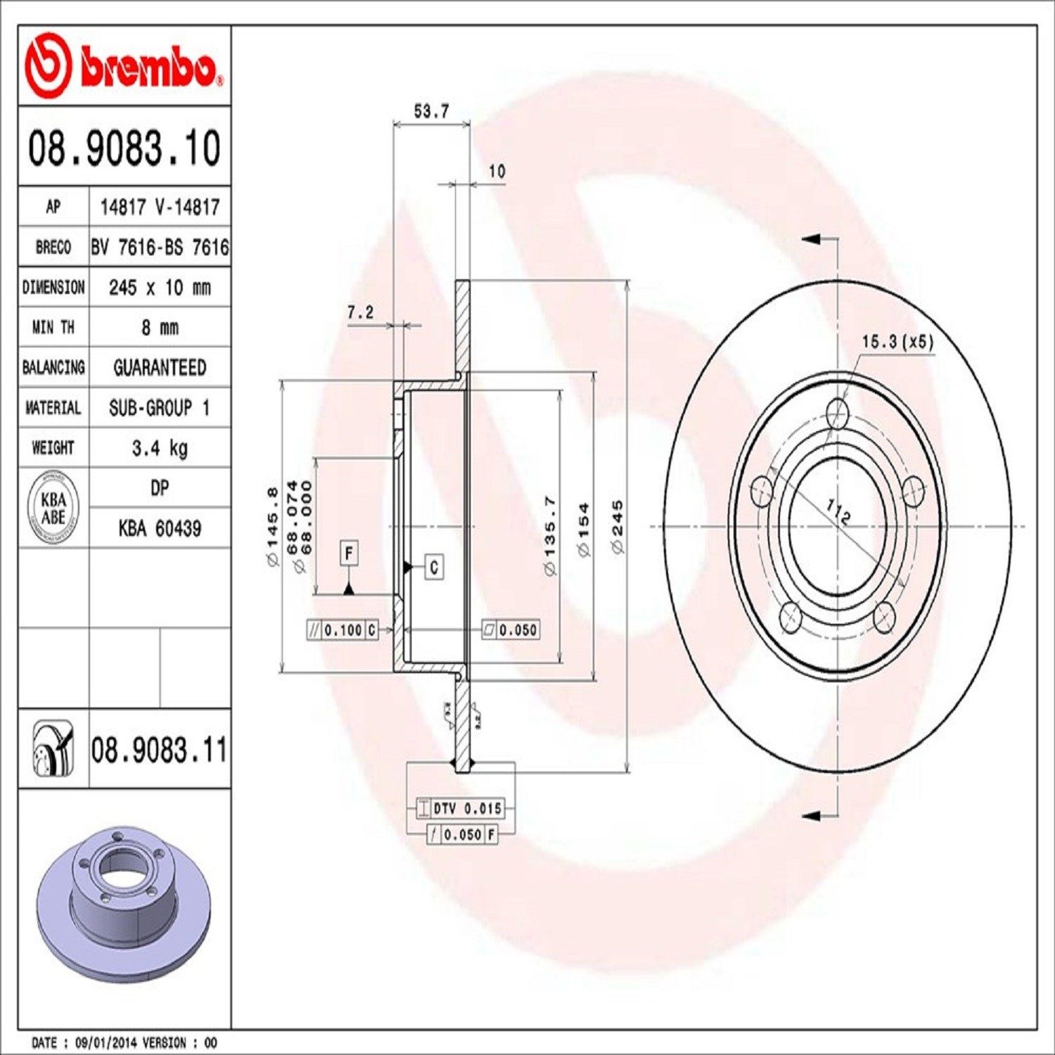 Brembo Rear Solid Brake Rotor 08.9083.11 — image 4