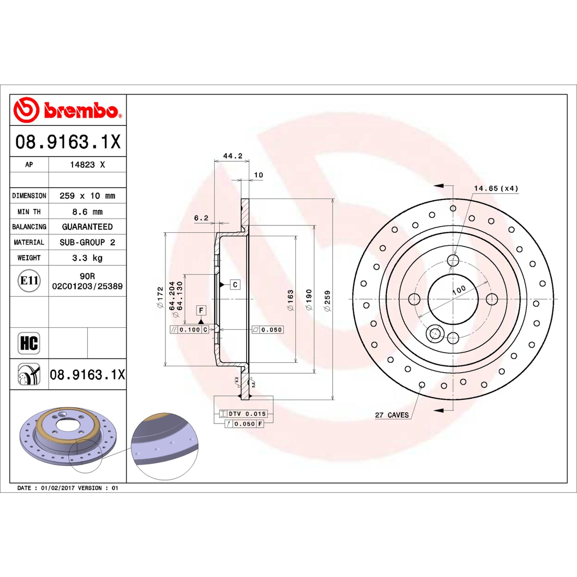 Brembo Rear Solid Brake Rotor 08.9163.1X — image 4