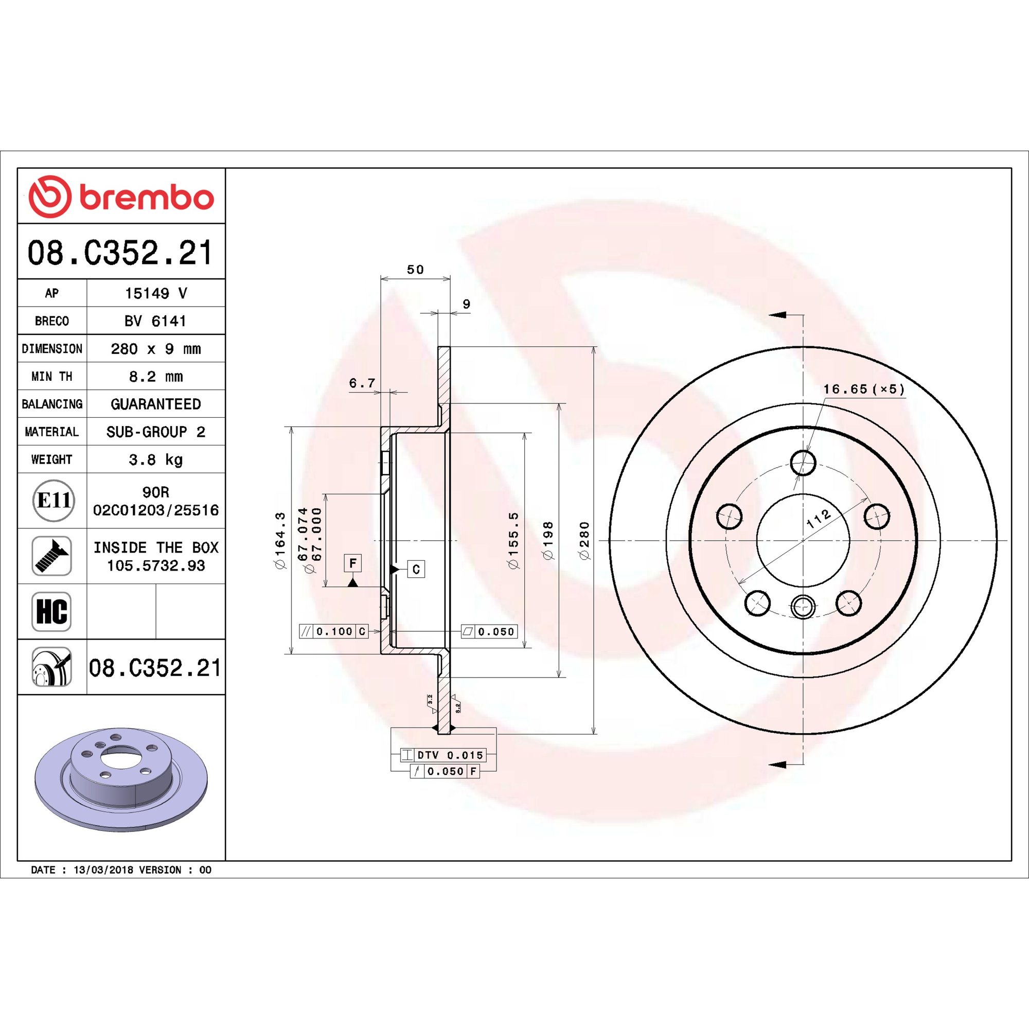Brembo Rear Solid Brake Rotor 08.C352.21