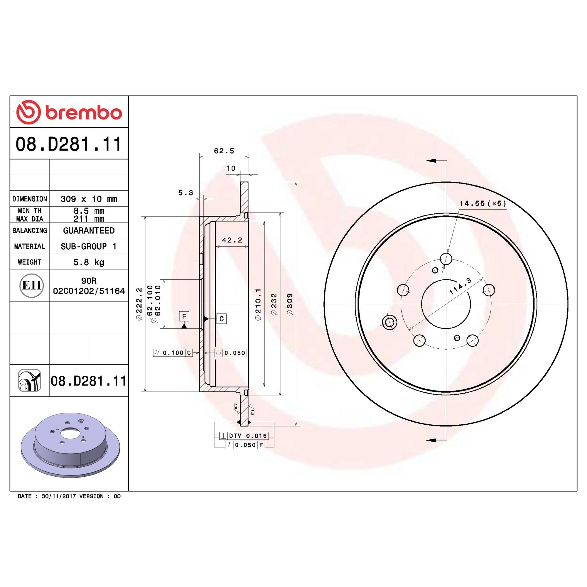 Brembo Rear Solid Brake Rotor 08.D281.11 — image 4