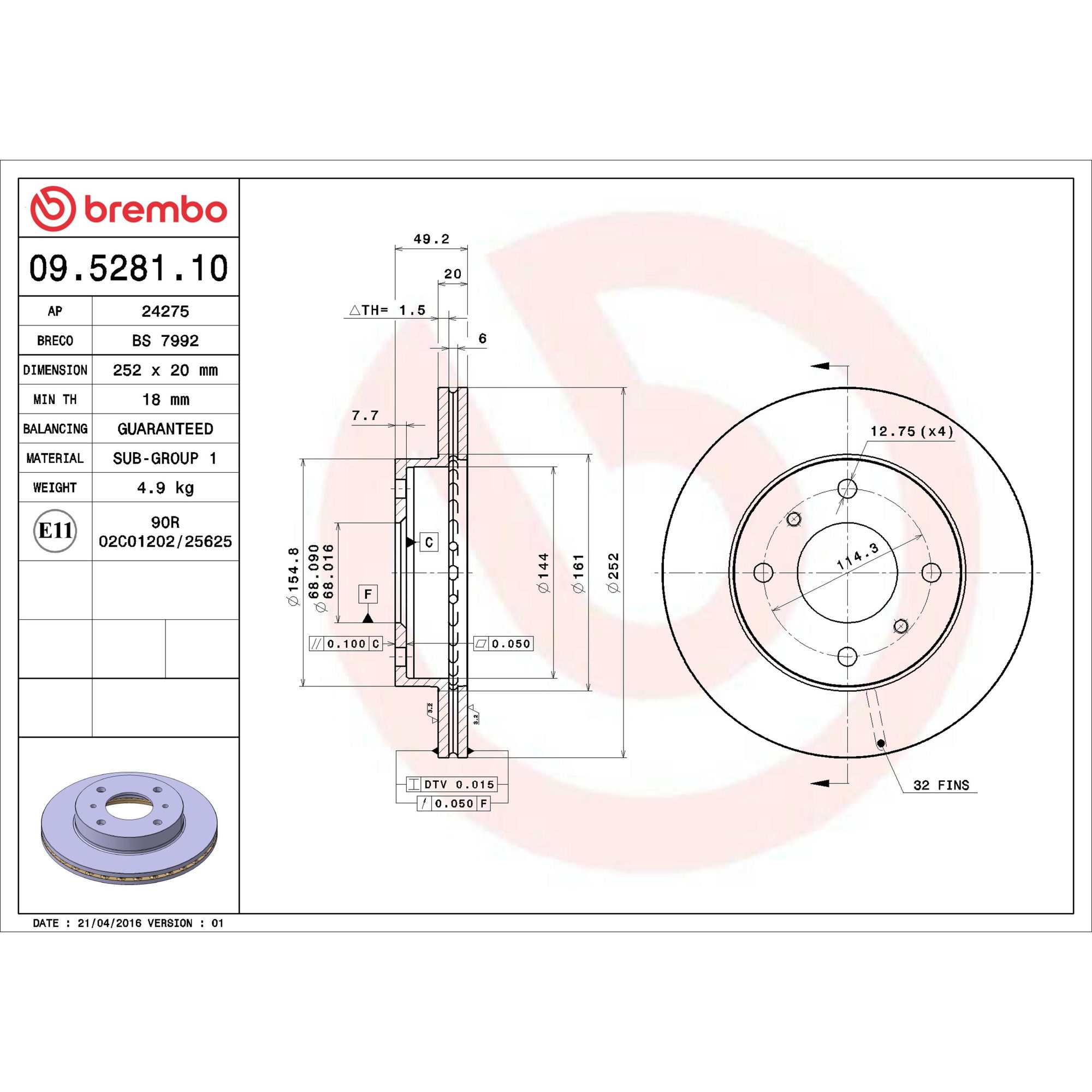 Brembo Front Vented Brake Rotor 09.5281.10 — image 2