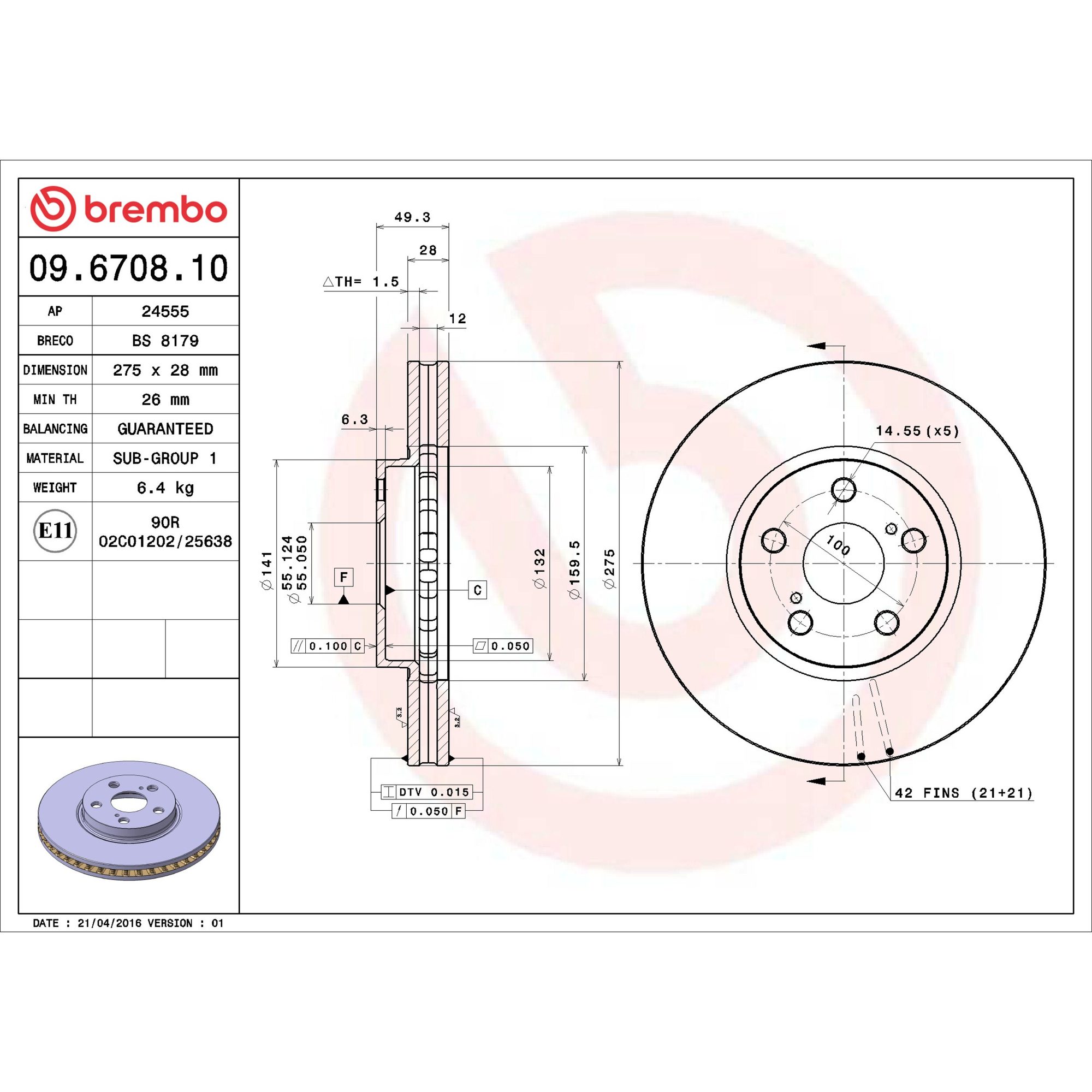 Brembo Front Vented Brake Rotor 09.6708.10 — image 4