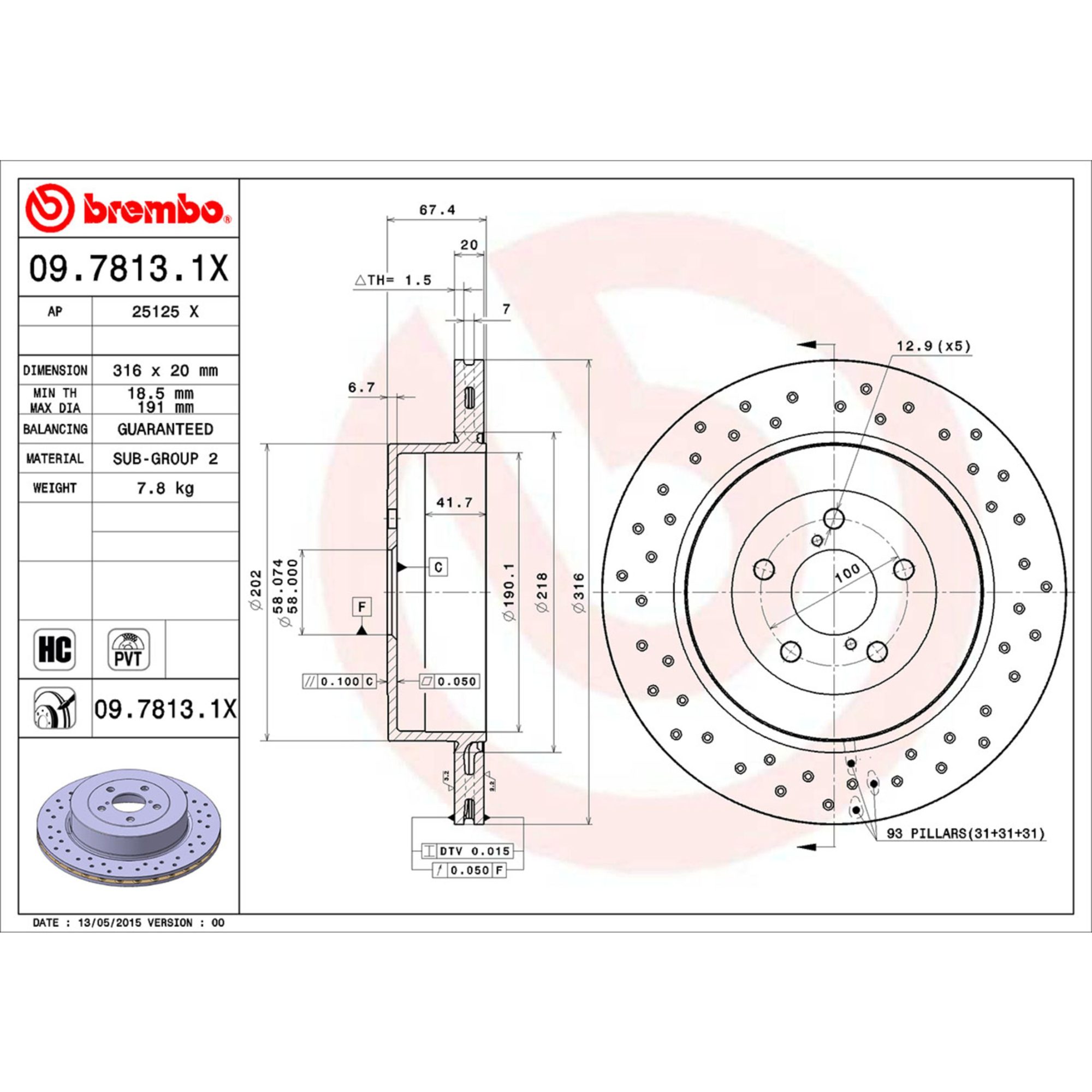Brembo Rear Vented Brake Rotor 09.7813.1X — image 4