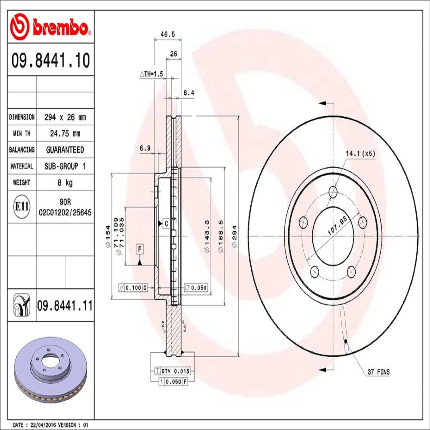 Brembo Front Vented Brake Rotor 09.8441.11 — image 4