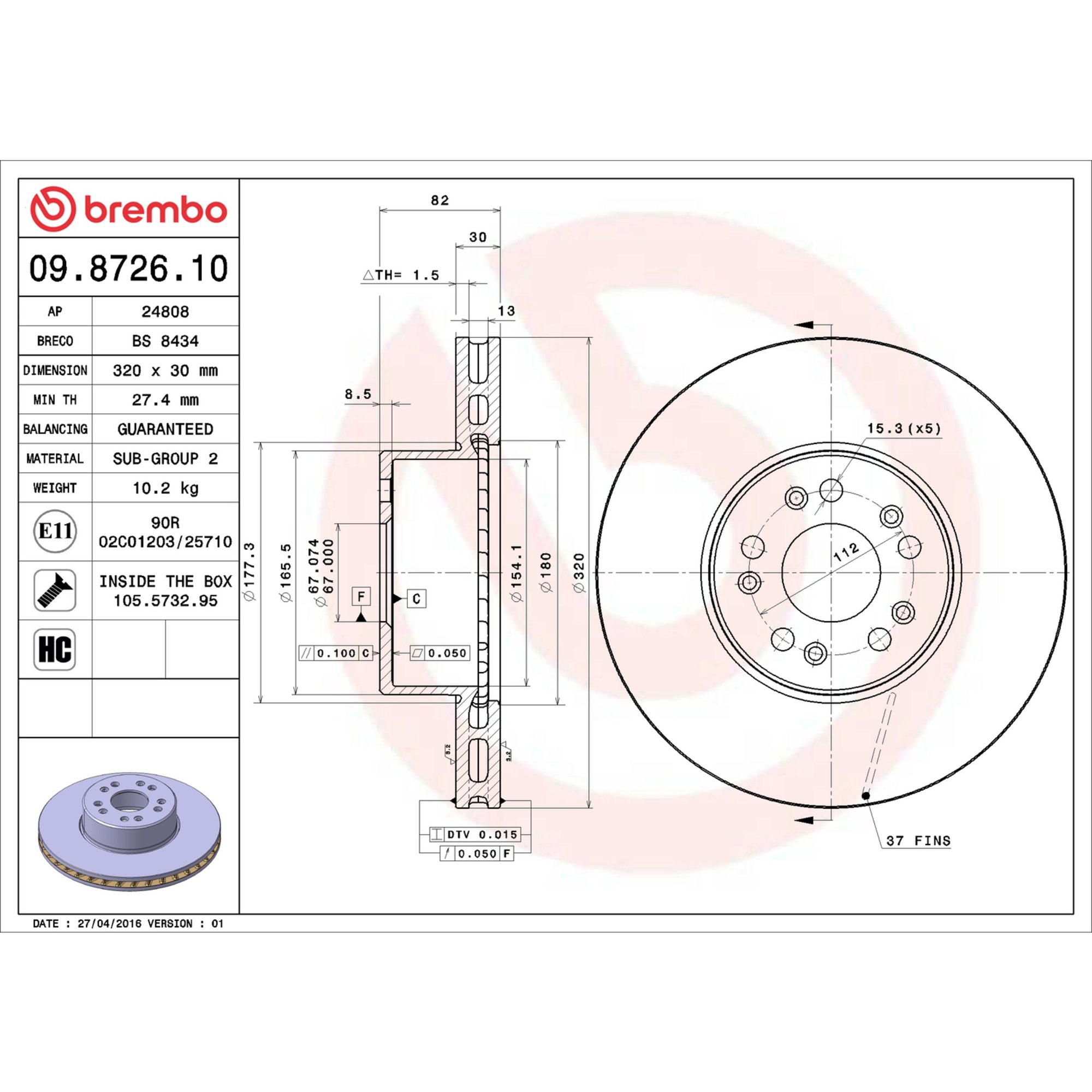Brembo Front Vented Brake Rotor 09.8726.10 — image 5