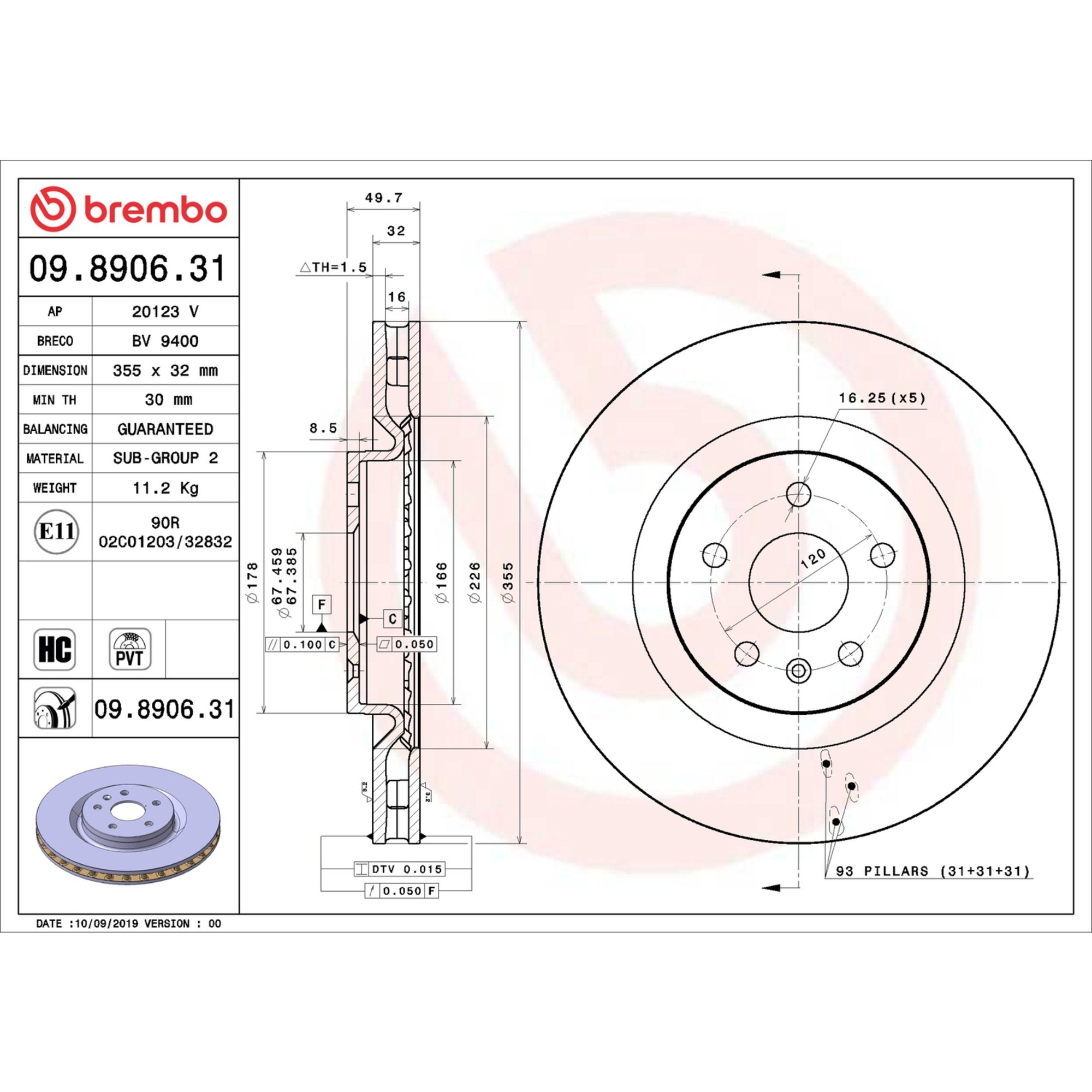 Brembo Front Vented Brake Rotor 09.8906.31 — image 4