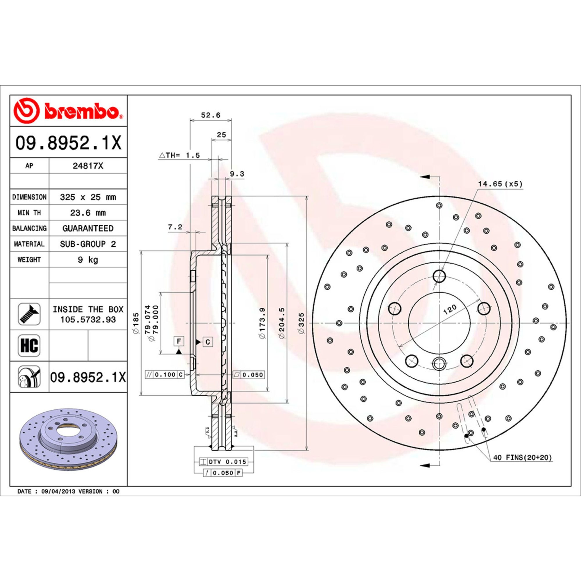 Brembo Front Vented Brake Rotor 09.8952.1X — image 5