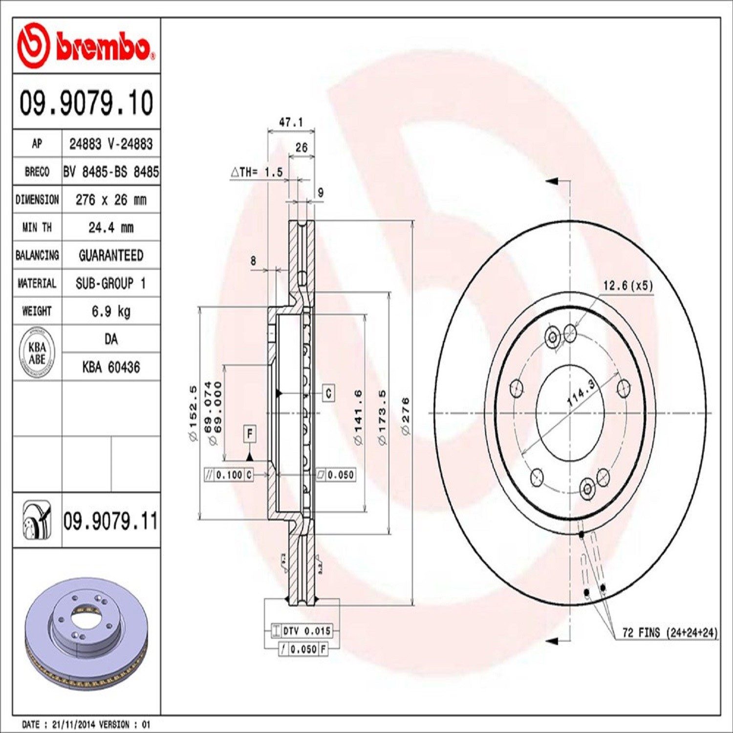 Brembo Front Vented Brake Rotor 09.9079.11 — image 4