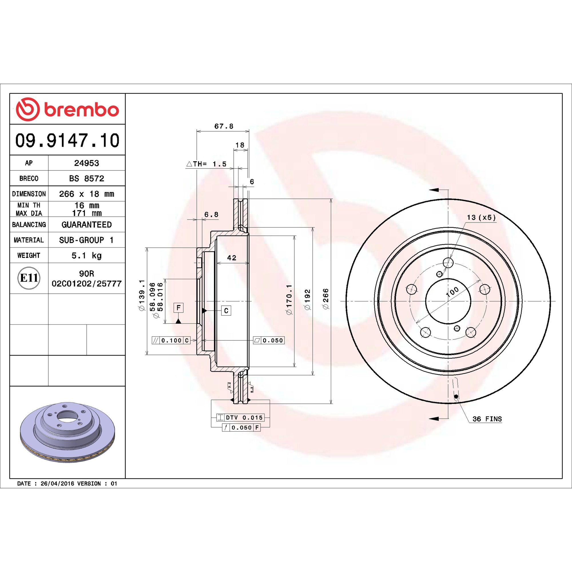 Brembo Rear Vented Brake Rotor 09.9147.10 — image 4