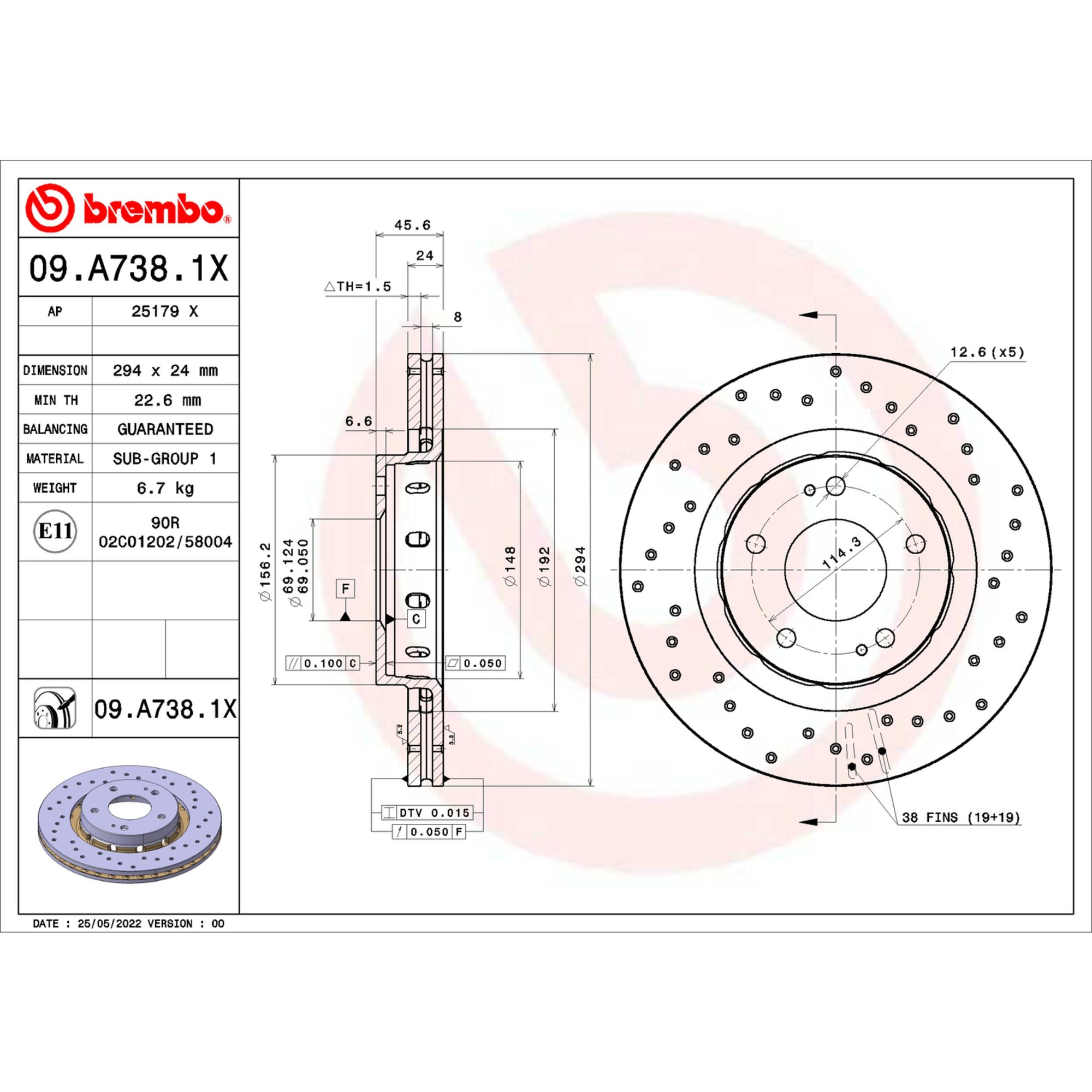 Brembo Front Vented Brake Rotor 09.A738.1X — image 2