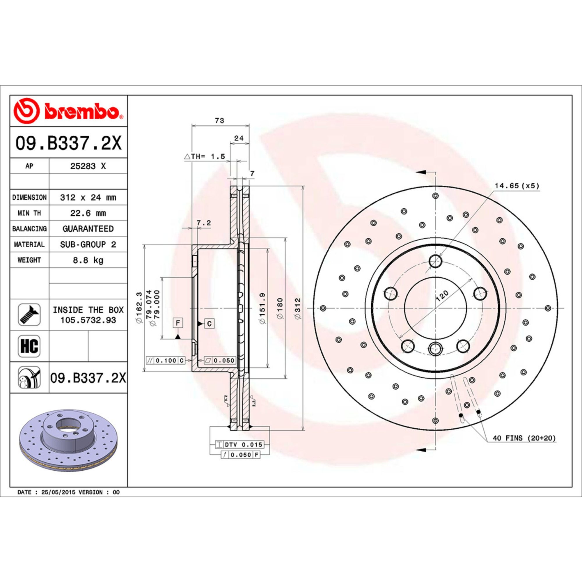 Brembo Front Vented Brake Rotor 09.B337.2X — image 5