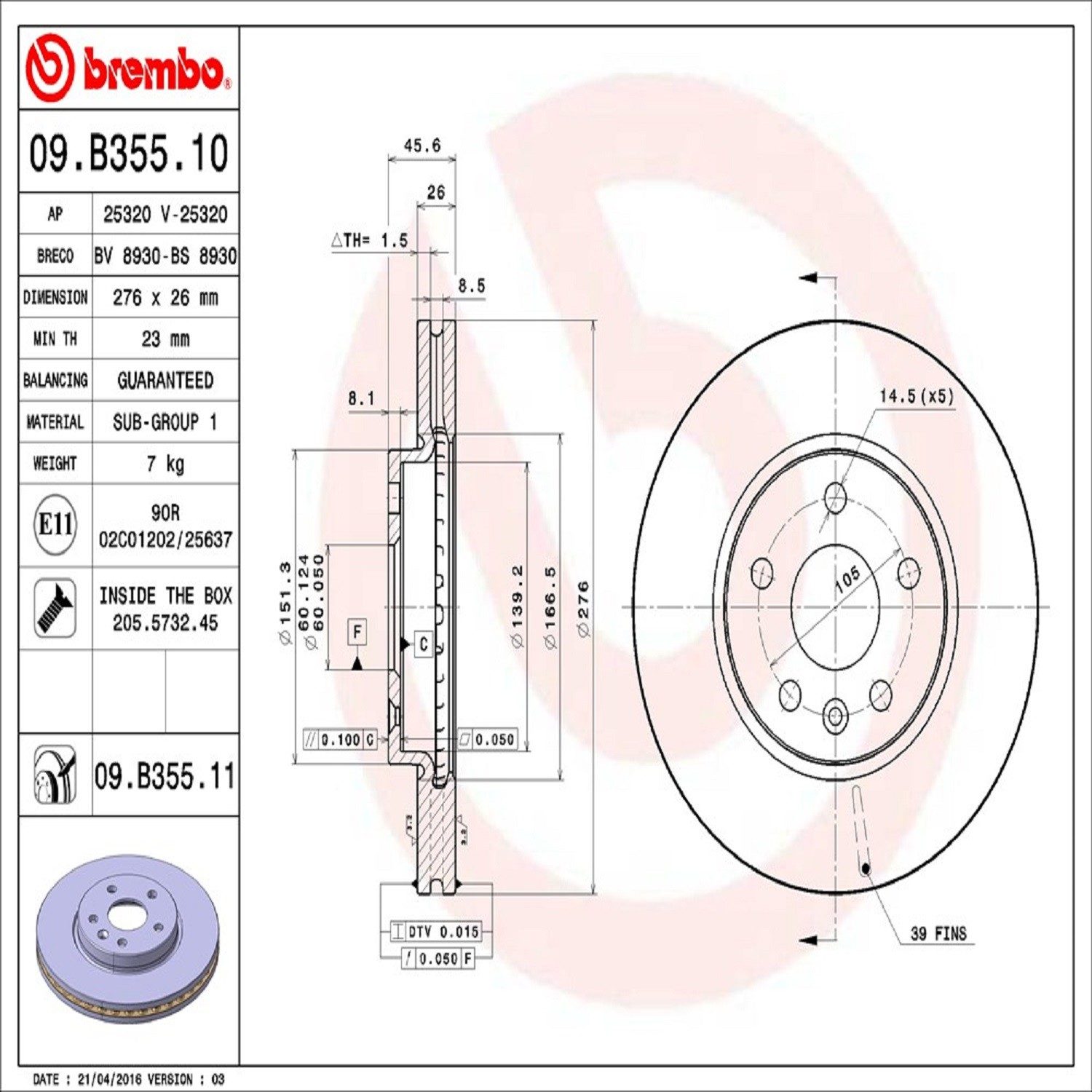 Brembo Front Vented Brake Rotor 09.B355.11 — image 5