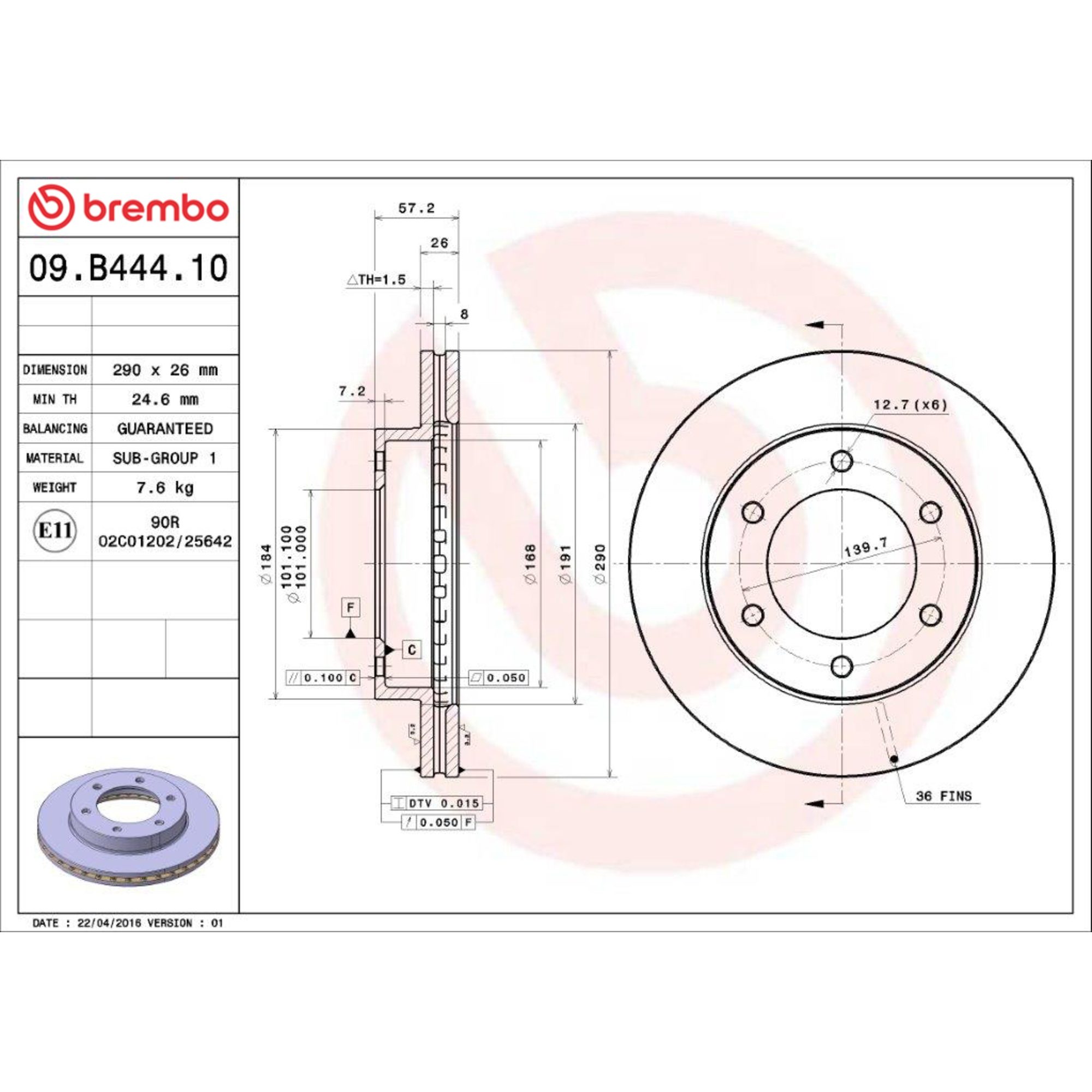 Brembo Front Vented Brake Rotor 09.B444.10 — image 2