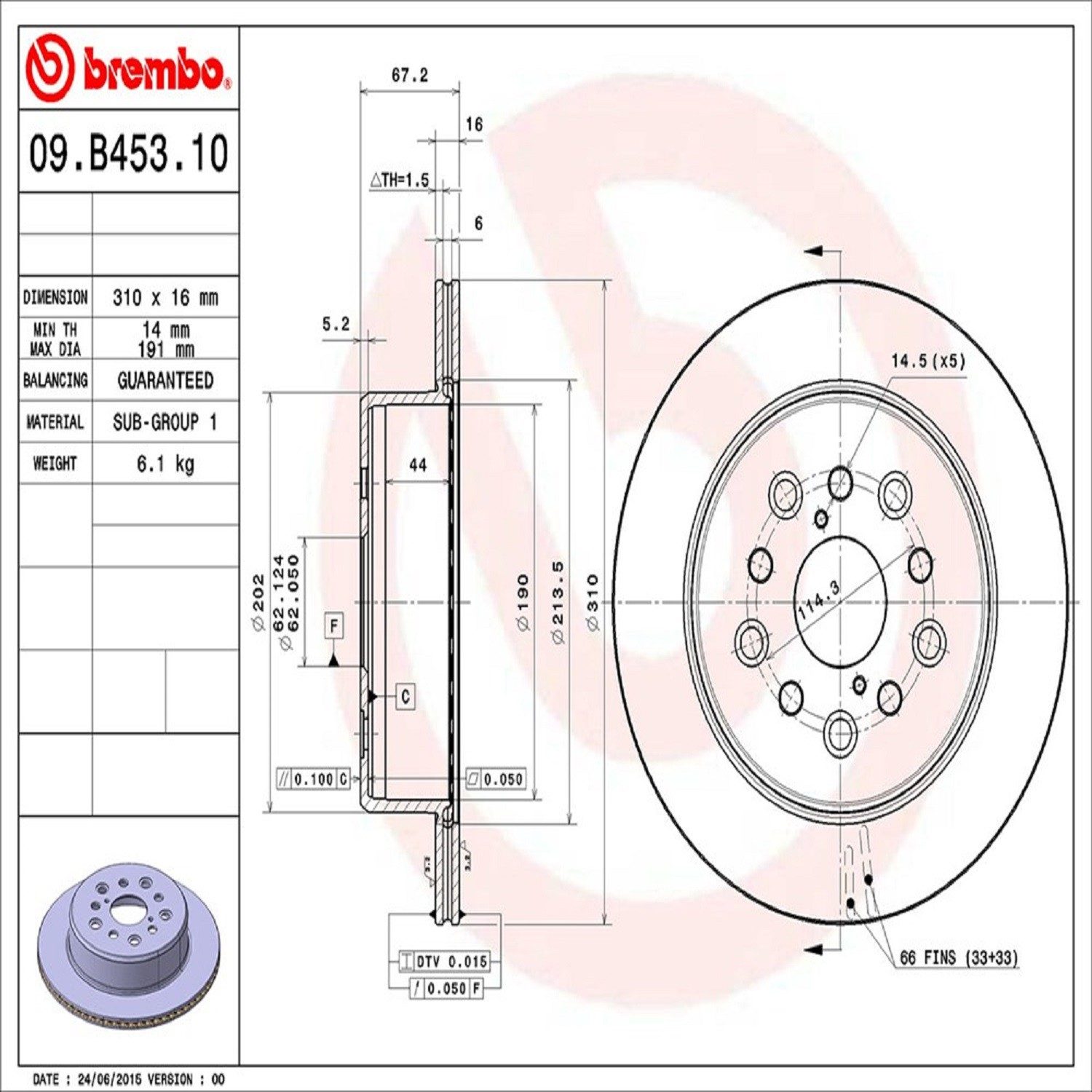 Brembo Rear Vented Brake Rotor 09.B453.10 — image 4