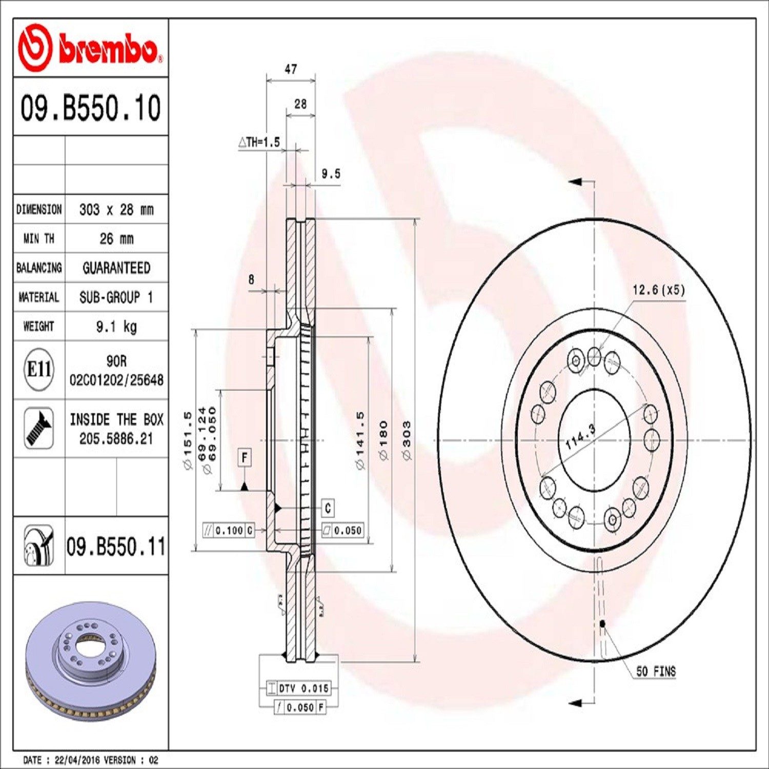 Brembo Front Vented Brake Rotor 09.B550.11 — image 4