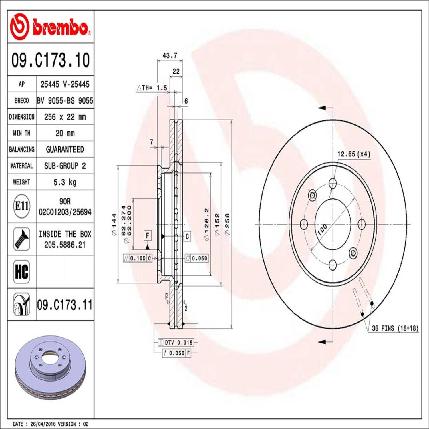 Brembo Front Vented Brake Rotor 09.C173.11 — image 4