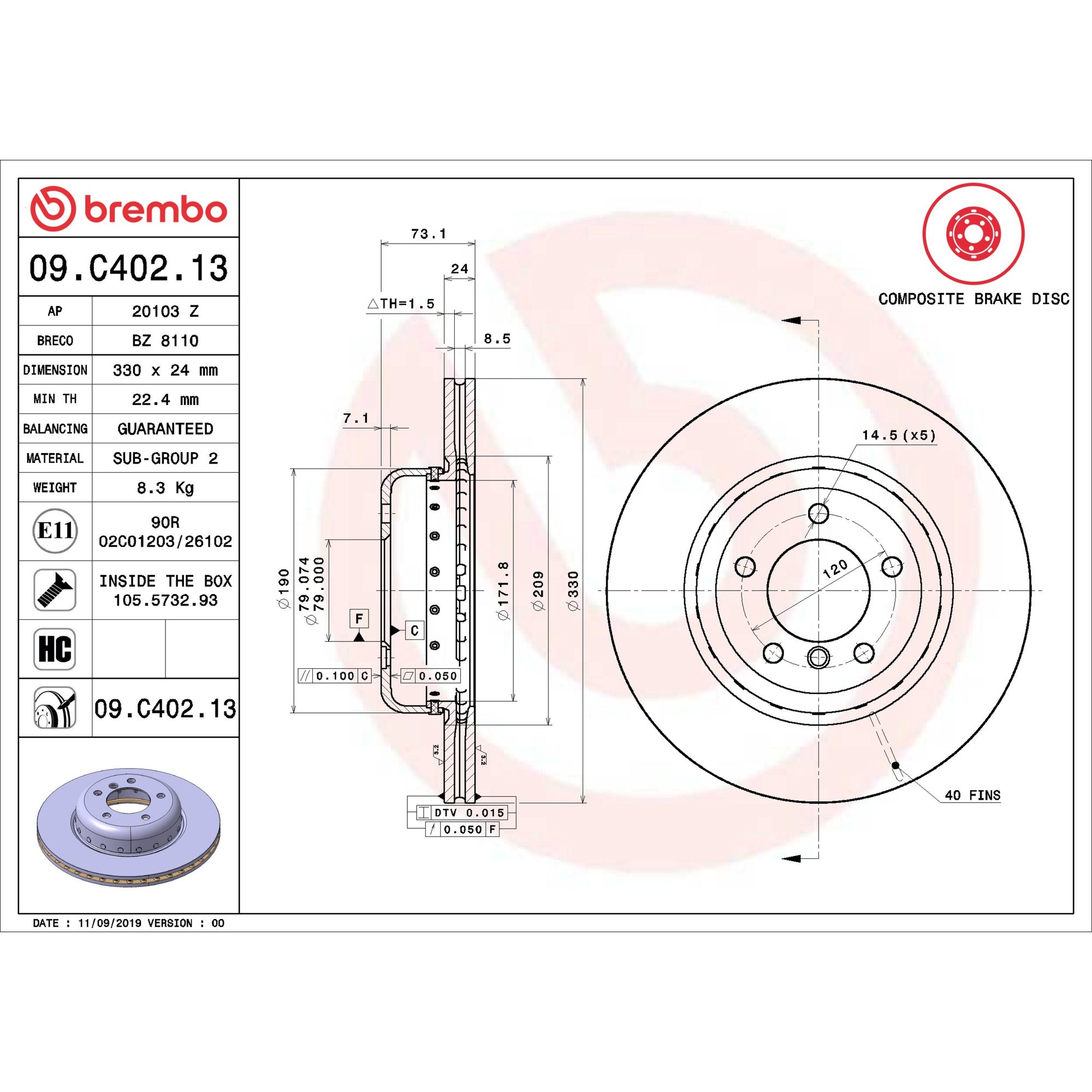Brembo Front Vented Brake Rotor 09.C402.13 — image 5
