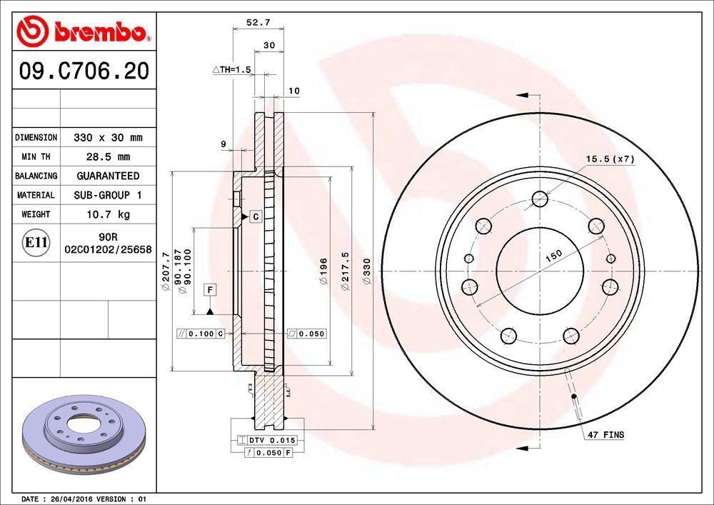 Brembo Front Vented Brake Rotor 09.C706.21 — image 2