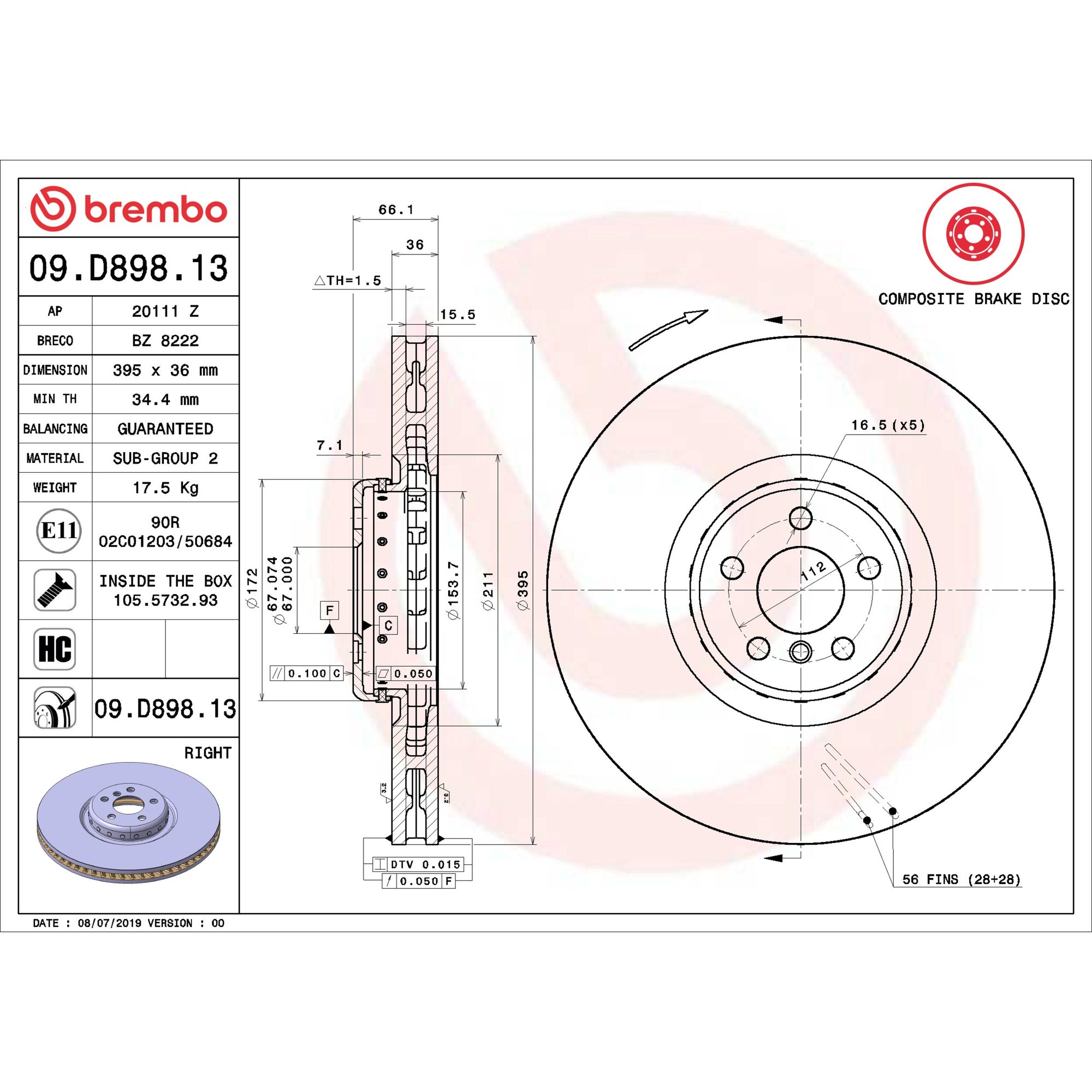 Brembo Front Right Vented Brake Rotor 09.D898.13 — image 5