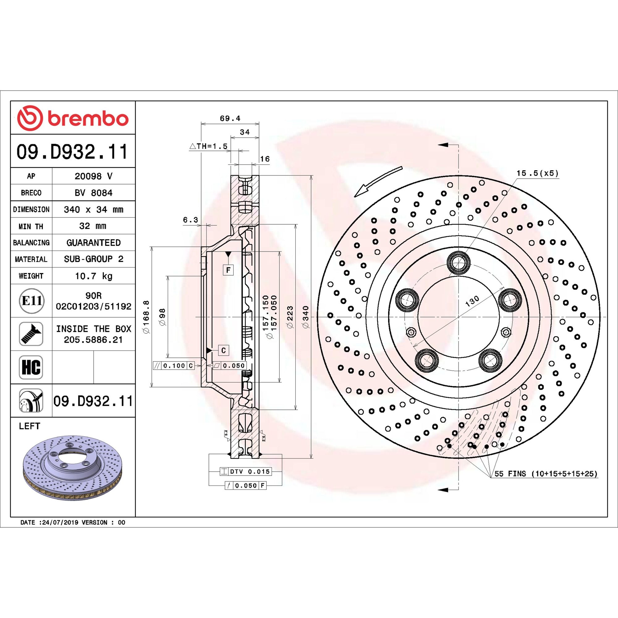 Brembo Front Left Vented Brake Rotor 09.D932.11 — image 5