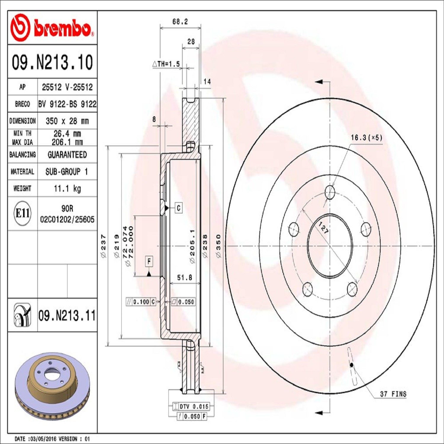 Brembo Rear Vented Brake Rotor 09.N213.11 — image 4